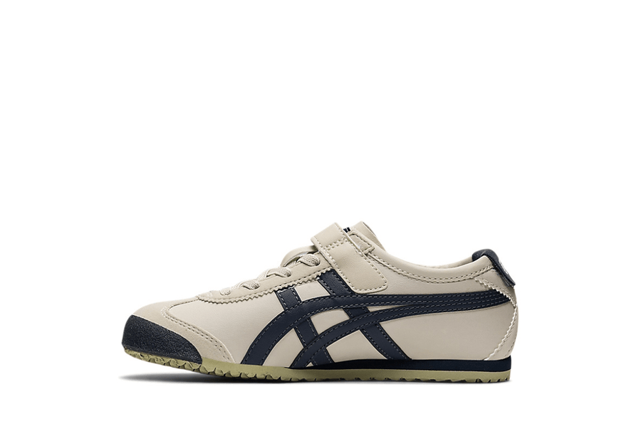 Vista lateral do Onitsuka Tiger Onitsuka Tiger Mexico 66 Kids Birch/Indian INK mostrando design do cabedal e logo da marca