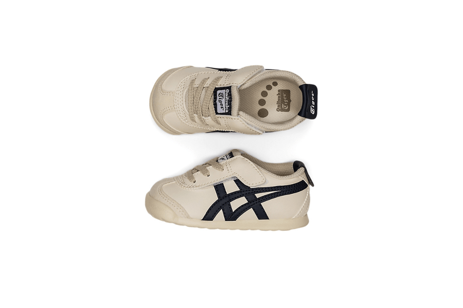 Vista superior do Onitsuka Tiger Onitsuka Tiger Mexico 66 Kids Birch/Peacoat mostrando abertura, lingueta e cadarços