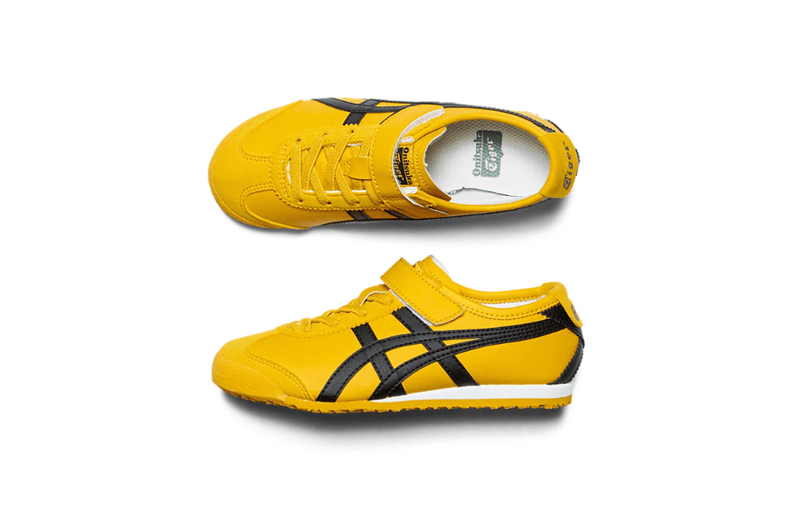 Vista na caixa do Onitsuka Tiger Onitsuka Tiger Mexico 66 Kids Kill Bill mostrando embalagem original da marca