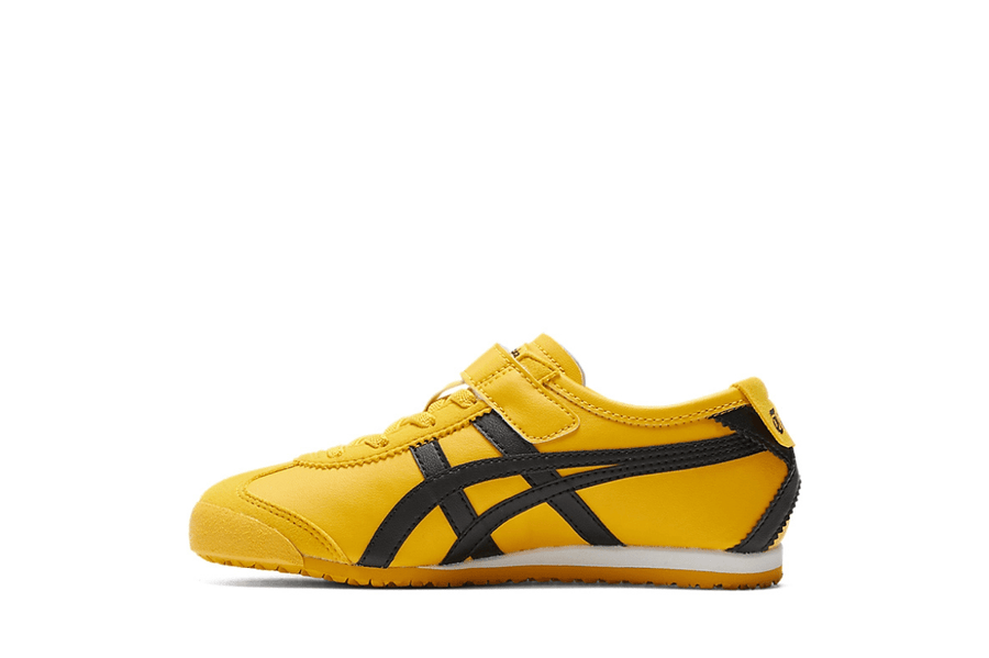Vista lateral do Onitsuka Tiger Onitsuka Tiger Mexico 66 Kids Kill Bill mostrando design do cabedal e logo da marca
