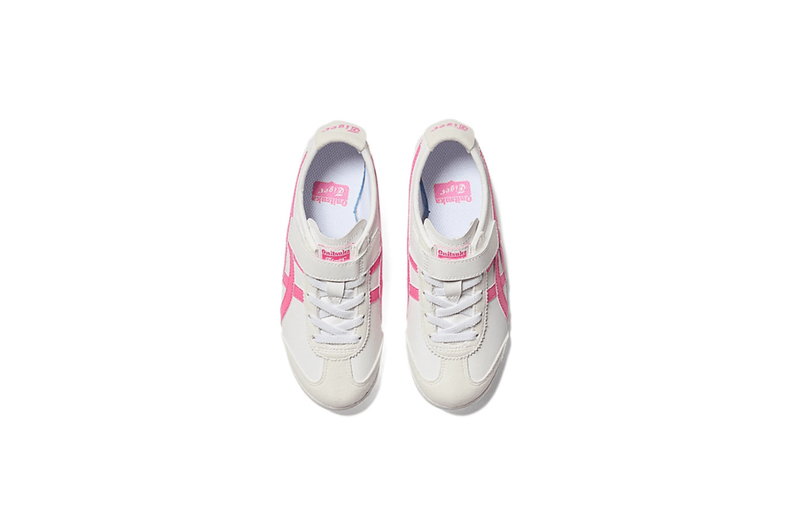 Vista frontal do Onitsuka Tiger Onitsuka Tiger Mexico 66 Kids White/Dragon Fruit mostrando biqueira e costuras