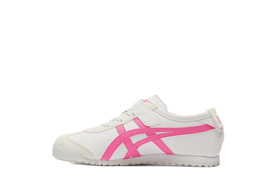 Vista lateral do Onitsuka Tiger Onitsuka Tiger Mexico 66 Kids White/Dragon Fruit mostrando design do cabedal e logo da marca