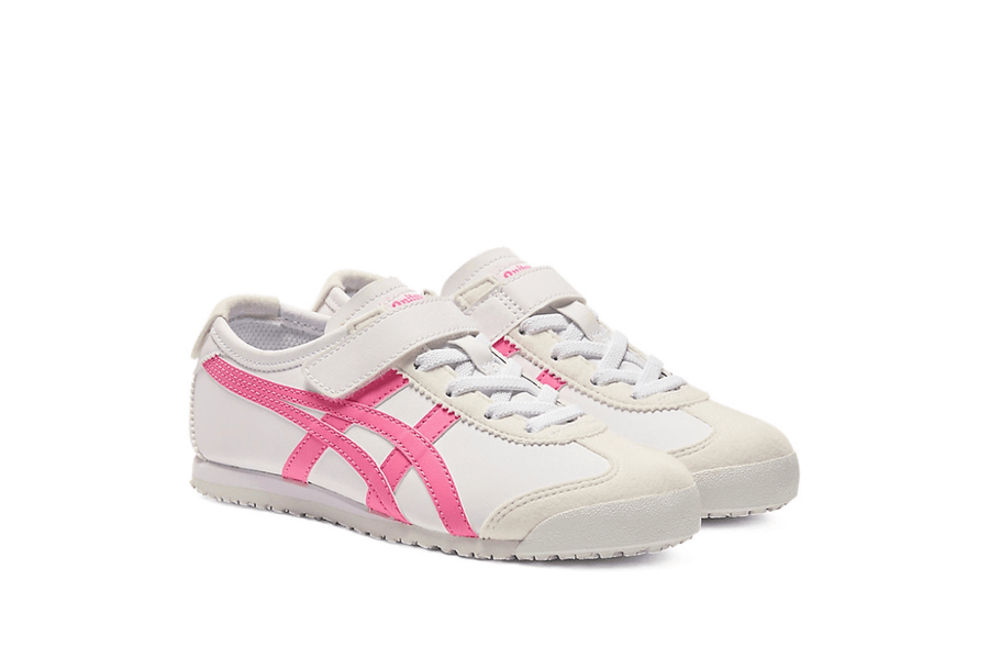 Vista traseira do Onitsuka Tiger Onitsuka Tiger Mexico 66 Kids White/Dragon Fruit mostrando calcanheira e detalhes do solado