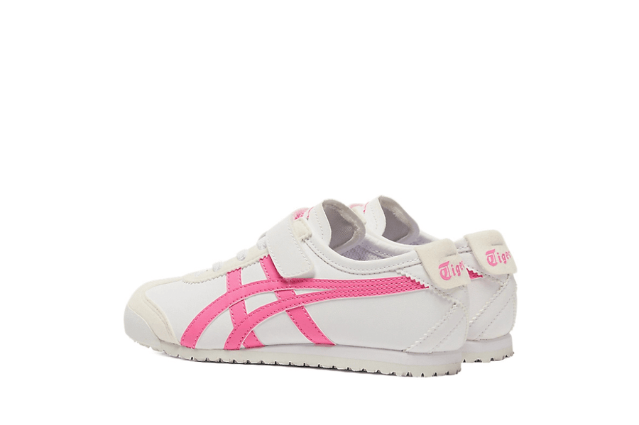 Vista superior do Onitsuka Tiger Onitsuka Tiger Mexico 66 Kids White/Dragon Fruit mostrando abertura, lingueta e cadarços