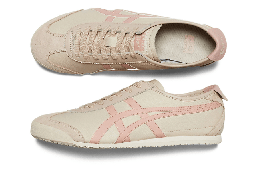 Vista em detalhe do Onitsuka Tiger Onitsuka Tiger Mexico 66 Oatmeal Ginger Peach mostrando textura do material e acabamento