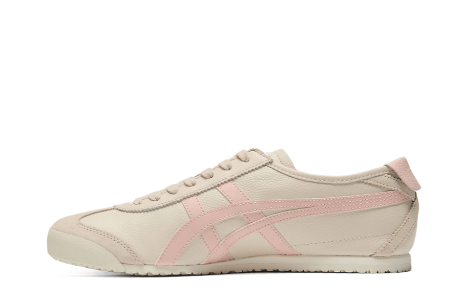 Vista lateral do Onitsuka Tiger Onitsuka Tiger Mexico 66 Oatmeal Ginger Peach mostrando design do cabedal e logo da marca