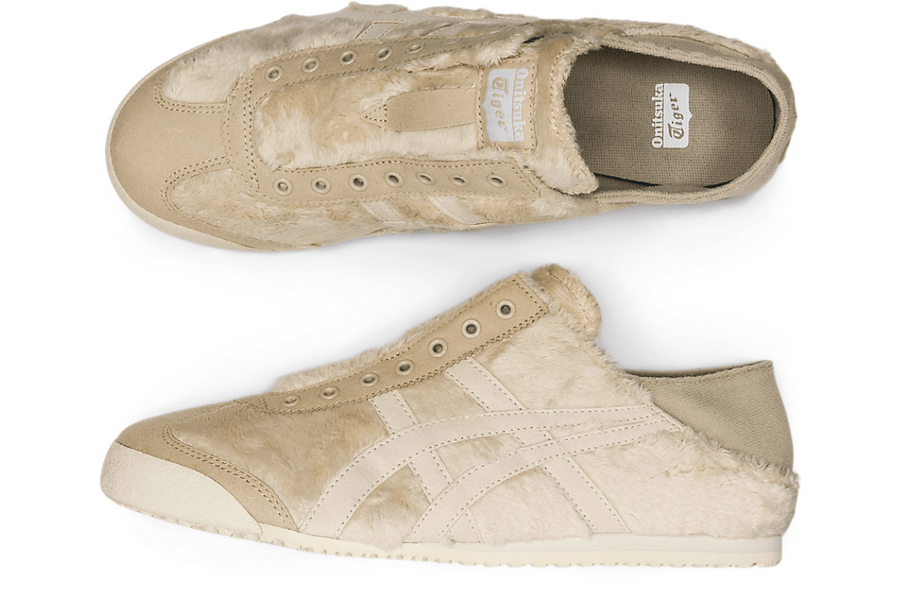 Vista superior do Onitsuka Tiger Onitsuka Tiger Mexico 66 Paraty Birch Cream mostrando abertura, lingueta e cadarços