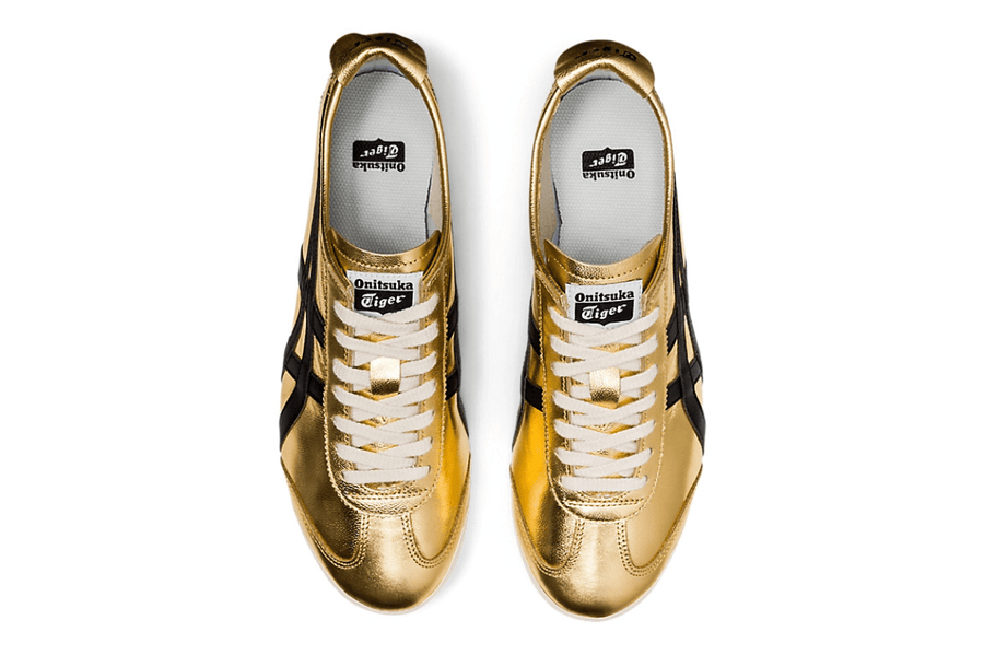 Vista do solado do Onitsuka Tiger Onitsuka Tiger Mexico 66 Pure Gold Black Dourado mostrando padrão de tração e tecnologia de amortecimento