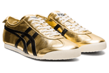 Vista traseira do Onitsuka Tiger Onitsuka Tiger Mexico 66 Pure Gold Black Dourado mostrando calcanheira e detalhes do solado