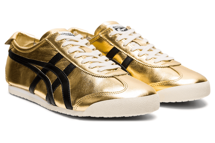 Vista traseira do Onitsuka Tiger Onitsuka Tiger Mexico 66 Pure Gold Black Dourado mostrando calcanheira e detalhes do solado