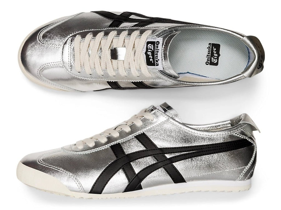 Vista frontal do Onitsuka Tiger Onitsuka Tiger Mexico 66 Pure Silver Black mostrando biqueira e costuras