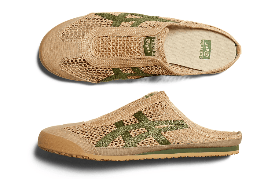 Vista na caixa do Onitsuka Tiger Onitsuka Tiger Mexico 66 Sabot Beige Green mostrando embalagem original da marca