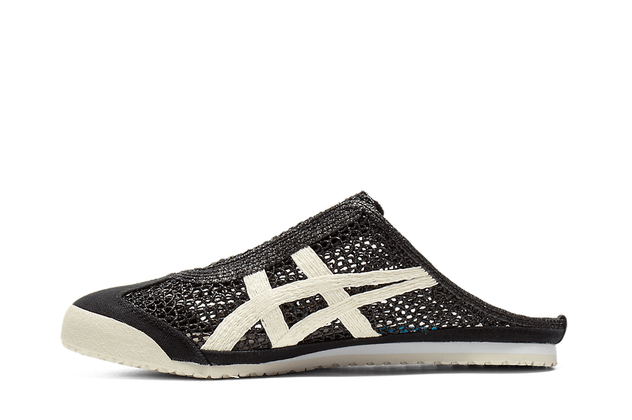 Vista lateral do Onitsuka Tiger Onitsuka Tiger Mexico 66 Sabot Black Cream mostrando design do cabedal e logo da marca
