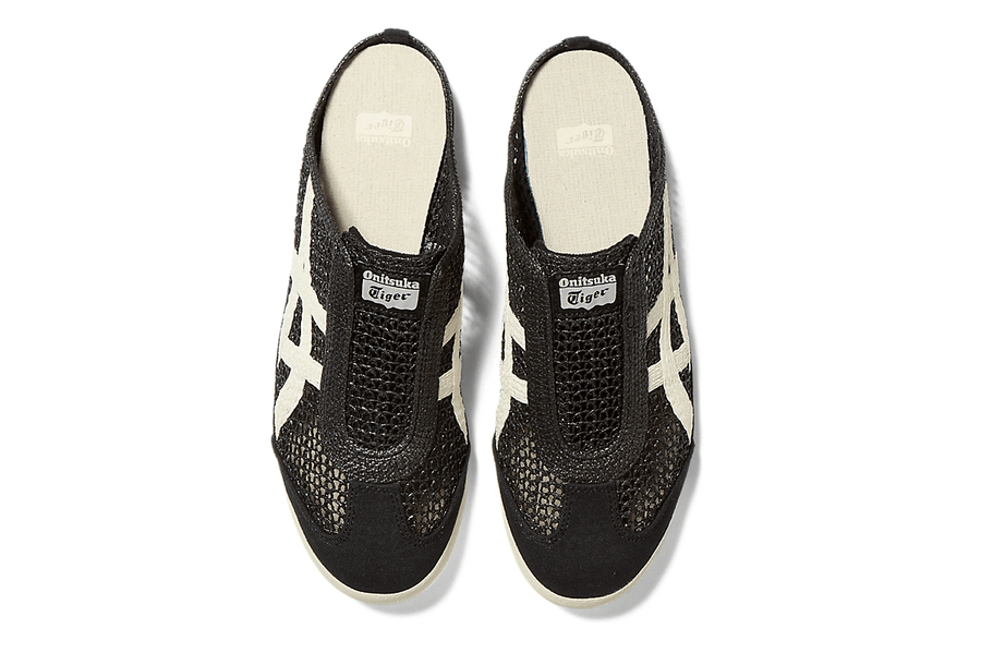 Vista superior do Onitsuka Tiger Onitsuka Tiger Mexico 66 Sabot Black Cream mostrando abertura, lingueta e cadarços