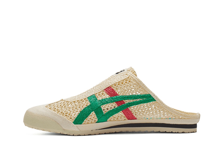 Vista lateral do Onitsuka Tiger Onitsuka Tiger Mexico 66 Sabot Cream Kale mostrando design do cabedal e logo da marca
