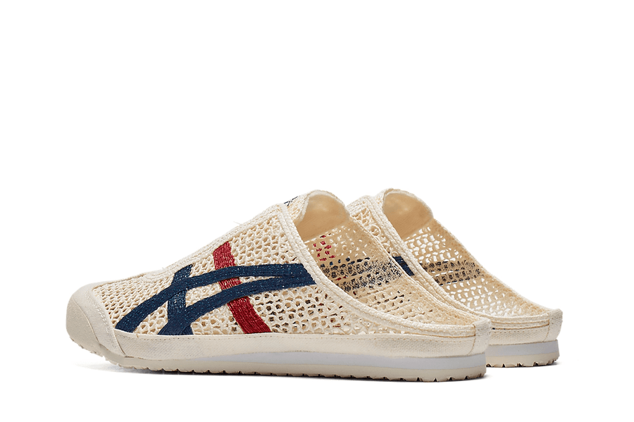 Vista traseira do Onitsuka Tiger Onitsuka Tiger Mexico 66 Sabot Cream Mako Blue mostrando calcanheira e detalhes do solado