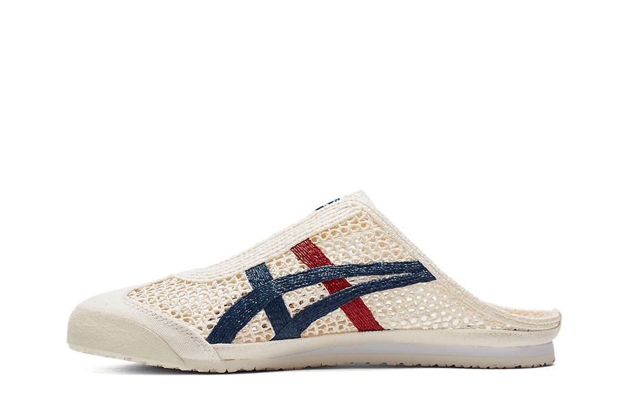 Vista lateral do Onitsuka Tiger Onitsuka Tiger Mexico 66 Sabot Cream Mako Blue mostrando design do cabedal e logo da marca