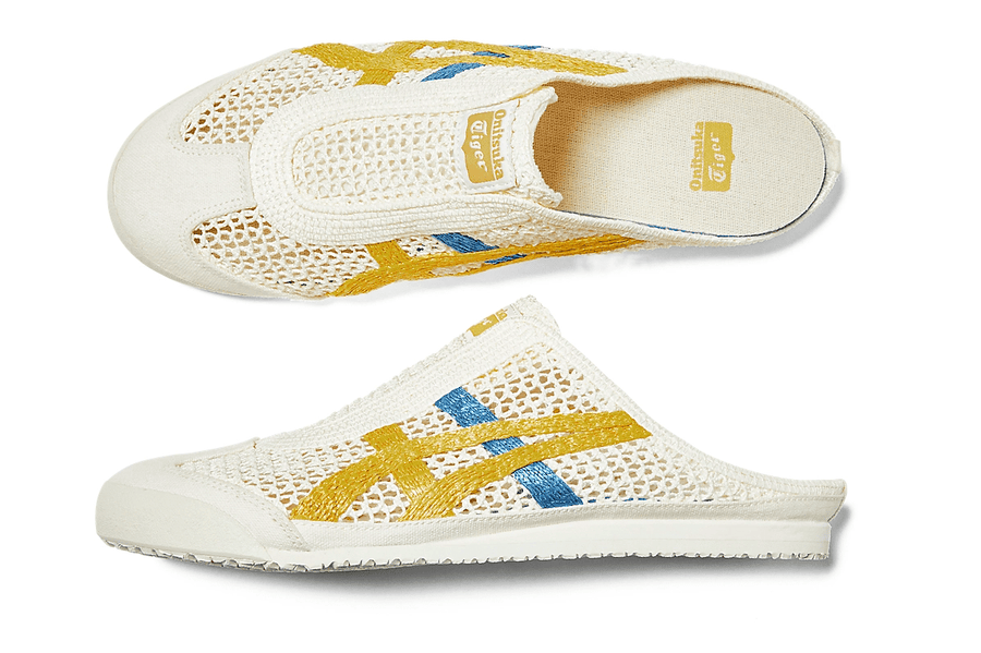 Vista na caixa do Onitsuka Tiger Onitsuka Tiger Mexico 66 Sabot Cream Mustard mostrando embalagem original da marca