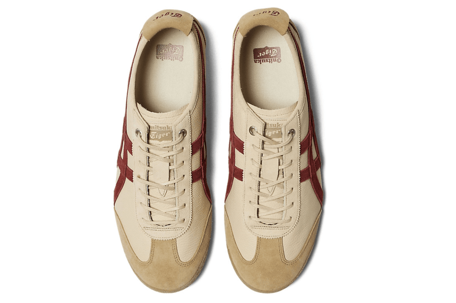 Vista frontal do Onitsuka Tiger Onitsuka Tiger Mexico 66 SD Beige Beet Juice mostrando biqueira e costuras