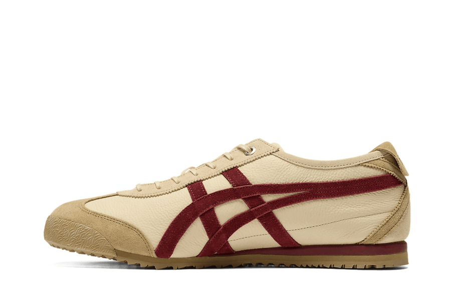 Vista lateral do Onitsuka Tiger Onitsuka Tiger Mexico 66 SD Beige Beet Juice mostrando design do cabedal e logo da marca