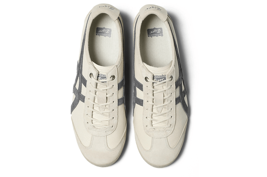 Vista frontal do Onitsuka Tiger Onitsuka Tiger Mexico 66 SD Birch Metropolis mostrando biqueira e costuras