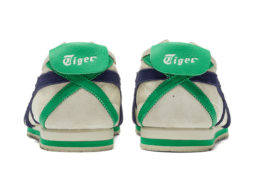 Vista frontal do Onitsuka Tiger Onitsuka Tiger Mexico 66 SD Birch Peacoat Green mostrando biqueira e costuras