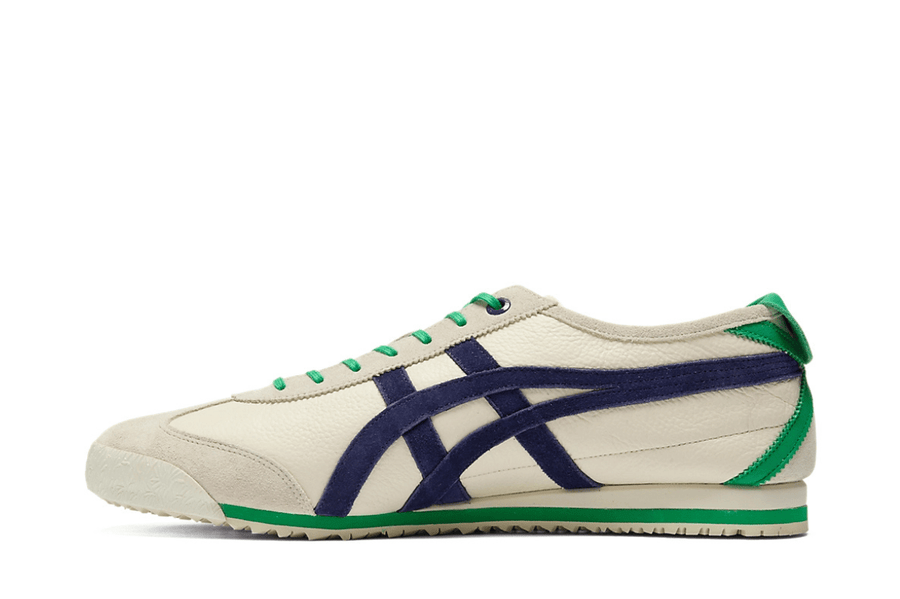 Vista lateral do Onitsuka Tiger Onitsuka Tiger Mexico 66 SD Birch Peacoat Green mostrando design do cabedal e logo da marca