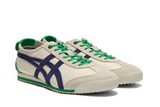 Vista traseira do Onitsuka Tiger Onitsuka Tiger Mexico 66 SD Birch Peacoat Green mostrando calcanheira e detalhes do solado