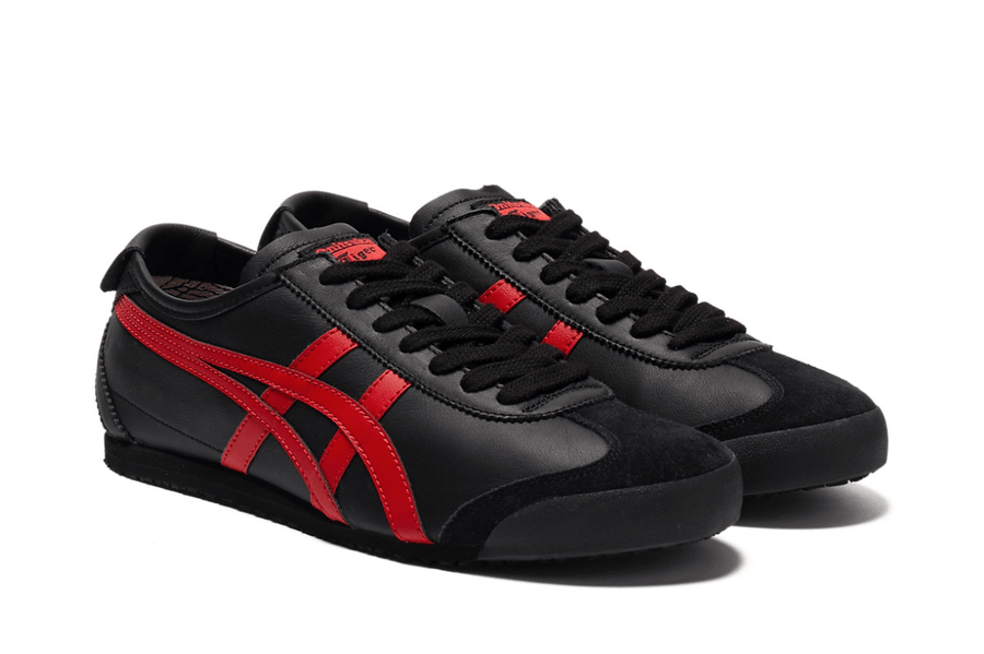 Vista traseira do Onitsuka Tiger Onitsuka Tiger Mexico 66 SD Black Classic Red mostrando calcanheira e detalhes do solado