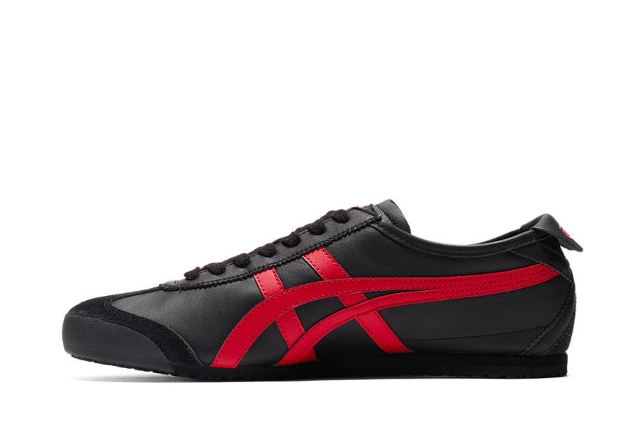 Vista lateral do Onitsuka Tiger Onitsuka Tiger Mexico 66 SD Black Classic Red mostrando design do cabedal e logo da marca
