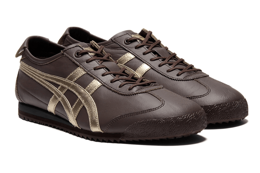 Vista superior do Onitsuka Tiger Onitsuka Tiger Mexico 66 SD Licorice Brown Champagne mostrando abertura, lingueta e cadarços