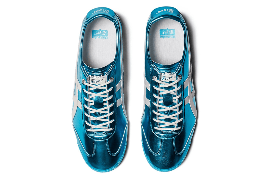 Vista superior do Onitsuka Tiger Onitsuka Tiger Mexico 66 SD Metallic Series Pale Mint Cream mostrando abertura, lingueta e cadarços