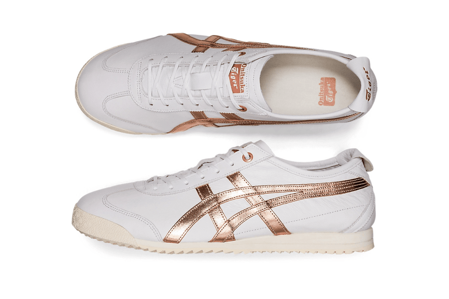 Vista na caixa do Onitsuka Tiger Onitsuka Tiger Mexico 66 SD White/Rose Gold mostrando embalagem original da marca