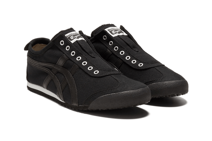 Vista superior do Onitsuka Tiger Onitsuka Tiger Mexico 66 Slip-On Black mostrando abertura, lingueta e cadarços