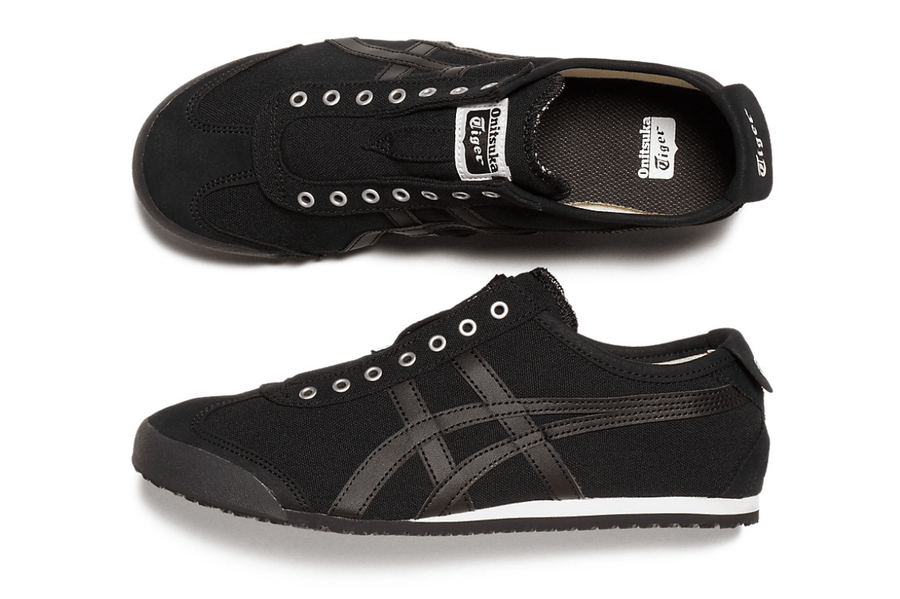 Vista na caixa do Onitsuka Tiger Onitsuka Tiger Mexico 66 Slip-On Black mostrando embalagem original da marca