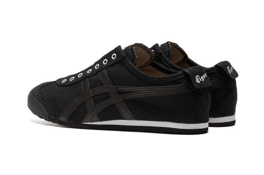 Vista traseira do Onitsuka Tiger Onitsuka Tiger Mexico 66 Slip-On Black mostrando calcanheira e detalhes do solado