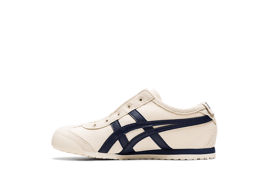 Vista lateral do Onitsuka Tiger Onitsuka Tiger Mexico 66 Slip-On Kids Birch/Midnight mostrando design do cabedal e logo da marca