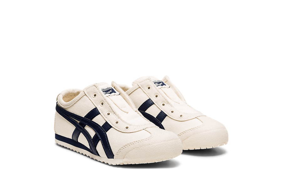 Vista traseira do Onitsuka Tiger Onitsuka Tiger Mexico 66 Slip-On Kids Birch/Midnight mostrando calcanheira e detalhes do solado