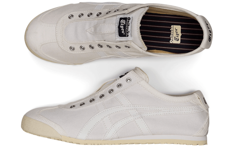 Vista na caixa do Onitsuka Tiger Onitsuka Tiger Mexico 66 Slip-On White mostrando embalagem original da marca