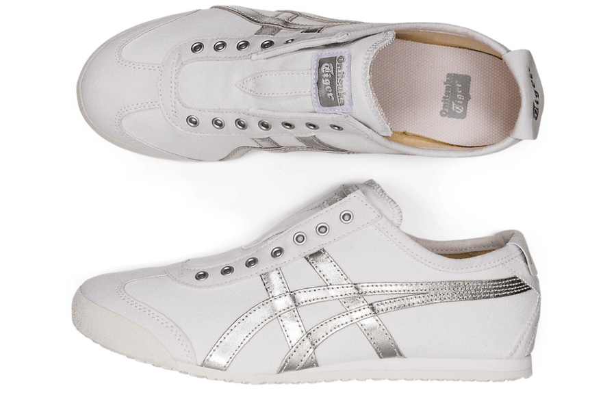 Vista na caixa do Onitsuka Tiger Onitsuka Tiger Mexico 66 Slip-On White Pure Silver Prateado mostrando embalagem original da marca
