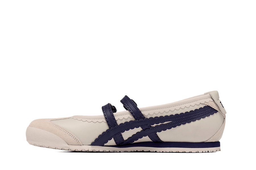 Vista lateral do Onitsuka Tiger Onitsuka Tiger Mexico 66 TGRS Birch Peacoat mostrando design do cabedal e logo da marca