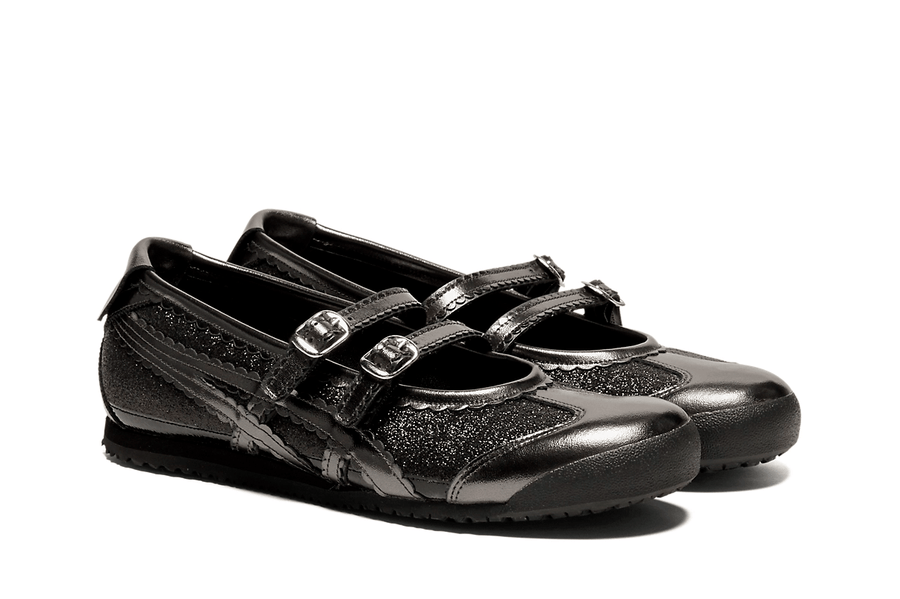 Vista superior do Onitsuka Tiger Onitsuka Tiger Mexico 66 TGRS Black/Gunmetal Glitter Pack mostrando abertura, lingueta e cadarços