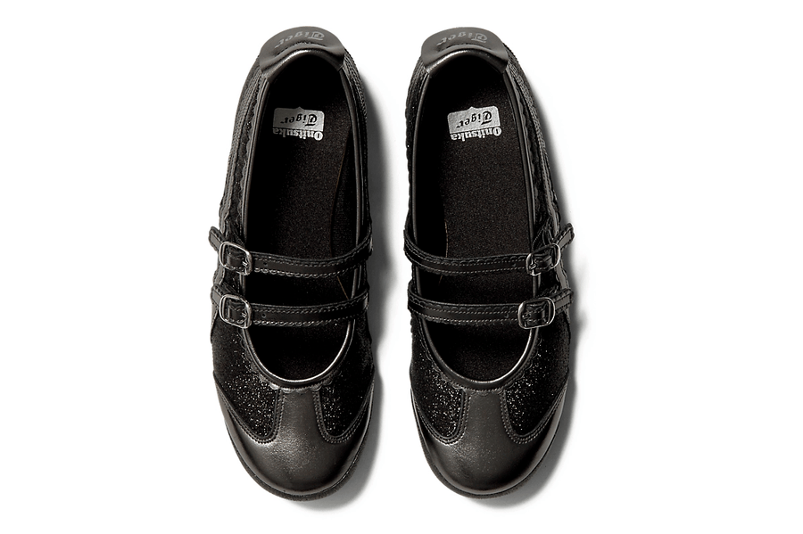 Vista do solado do Onitsuka Tiger Onitsuka Tiger Mexico 66 TGRS Black/Gunmetal Glitter Pack mostrando padrão de tração e tecnologia de amortecimento