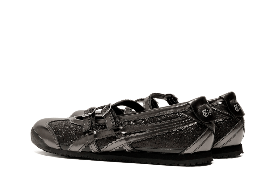 Vista frontal do Onitsuka Tiger Onitsuka Tiger Mexico 66 TGRS Black/Gunmetal Glitter Pack mostrando biqueira e costuras