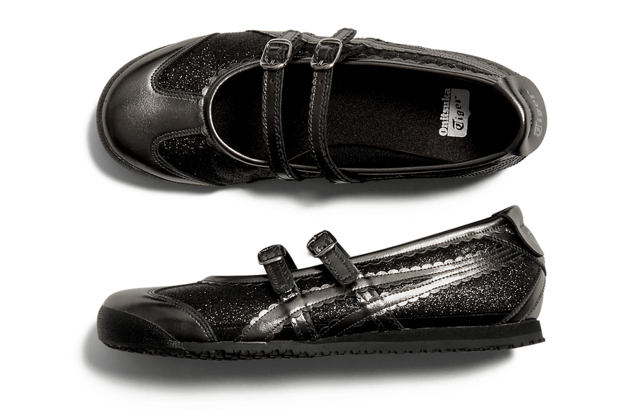 Vista traseira do Onitsuka Tiger Onitsuka Tiger Mexico 66 TGRS Black/Gunmetal Glitter Pack mostrando calcanheira e detalhes do solado