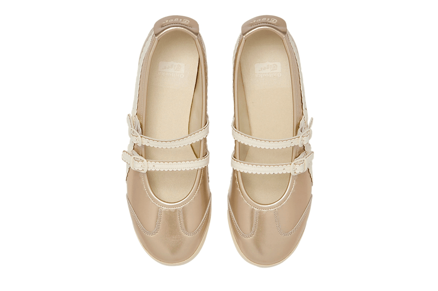 Vista frontal do Onitsuka Tiger Onitsuka Tiger Mexico 66 TGRS Champagne/Cream Dourado mostrando biqueira e costuras
