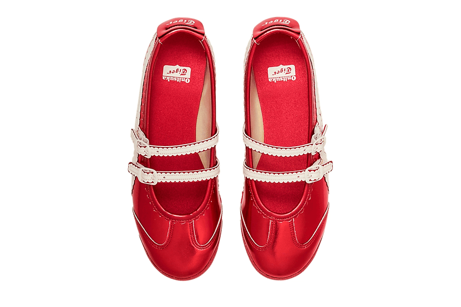 Vista em detalhe do Onitsuka Tiger Onitsuka Tiger Mexico 66 TGRS Classic Red/Cream mostrando textura do material e acabamento