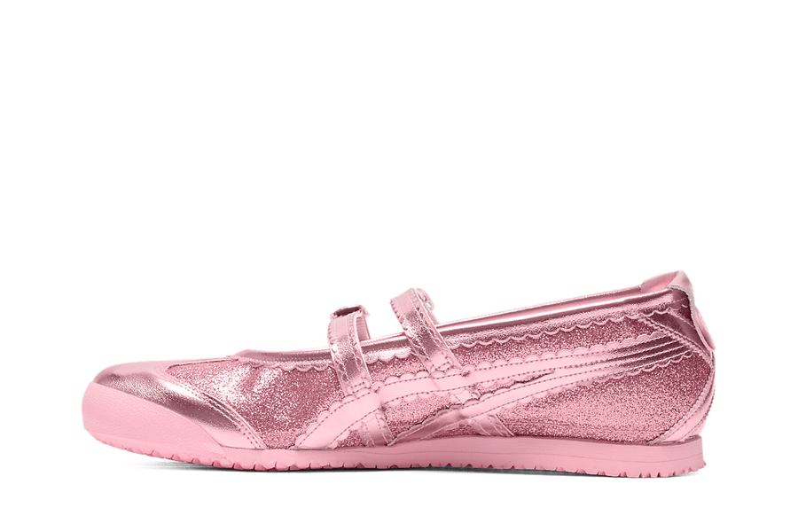 Vista lateral do Onitsuka Tiger Onitsuka Tiger Mexico 66 TGRS Pink Cameo/Cotton Candy Glitter Pack mostrando design do cabedal e logo da marca