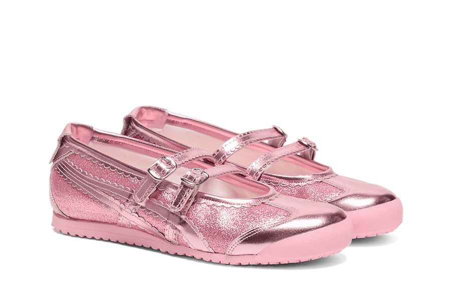 Vista traseira do Onitsuka Tiger Onitsuka Tiger Mexico 66 TGRS Pink Cameo/Cotton Candy Glitter Pack mostrando calcanheira e detalhes do solado