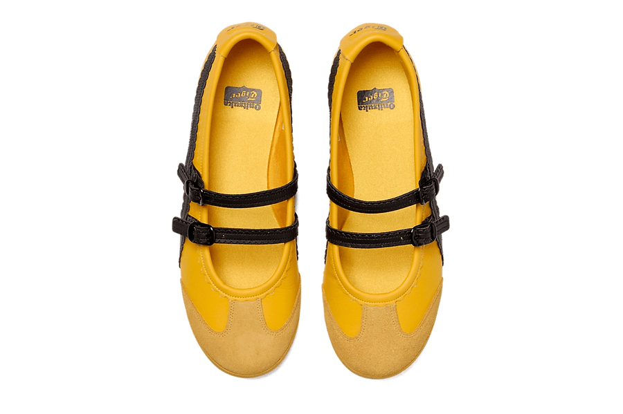 Vista superior do Onitsuka Tiger Onitsuka Tiger Mexico 66 TGRS Yellow/Black mostrando abertura, lingueta e cadarços